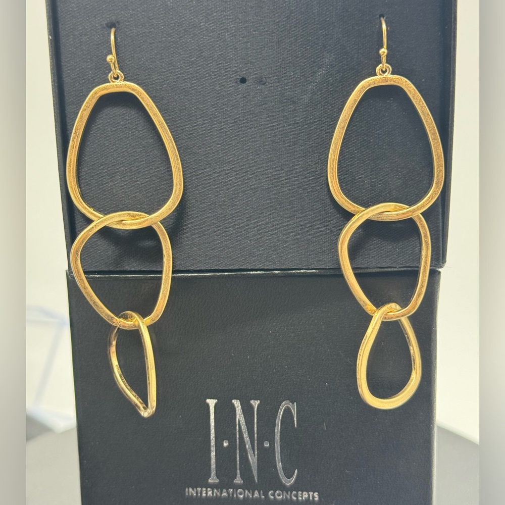 INC Gold Tone Long Link Earrings In Box